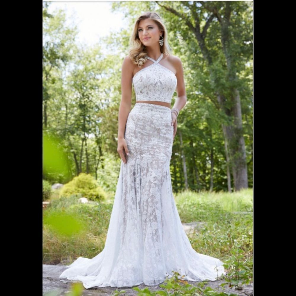 NEW! MORILEE style 43136 ivory 2 piece stretch lace maxi gown dress 6